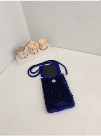 Resim Saks Mavi, Pullu, Handmade, Kadın Telefon Çantası Saks 