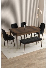 Resim Mazaka Serisi 80x132 Açılabilir Mdf Barok Ahşap Desen Masa Takımı 4 Gri Sandalye 1 Bench Siyah 