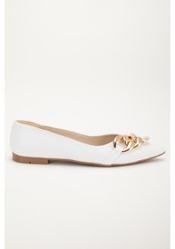 Resim Dilimler Ayakkabı Kadın Babet Beyaz Cilt Zincir Detaylı Sivri Kalıp-4023 Beyaz 