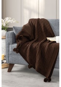Resim Ponponlu Triko Örme Tv Battaniyesi Koltuk & Omuz Şalı & Diz Battaniyesi 130x170cm - Kahverengi Kahverengi 