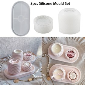 Resim 3 adet Silikon Kalıp Seti, Oval Tepsi Kalıbı, Izgara Deseni, Halatli Mum Tutucu ile, DIY Epoksi Reçine, Plaster, Kil, Silikon, Ev Dekoru için 