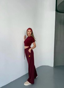 Resim S-pazarım Osy Modal Yumuşak Dokulu Kumaş Nakış Işlemeli Rahat Bol Paça Eşofman Pantalon - Bordo Bordo 