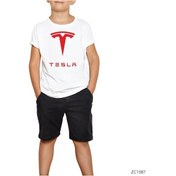 Resim Tesla Beyaz Çocuk Tişört Siyah 
