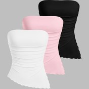 Resim 3'lü Kadın Y2K Tarzı Düz Renk Büzgülü Asimetrik Etek Kolsuz Tüp Üst Seti Bej, Kahverengi & Siyah - Polyester & Elastan Karışımı, İlkbahar/Yaz/Sonbahar için Makinede Yıkanabilir 