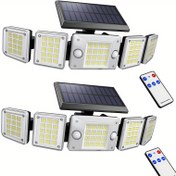 Resim Beş Başlıklı, Geniş Aydınlatma Menzili ve Serbest Dönen Dış Mekan Solar Duvar Lambası Seti. İki Hareket Sensörü İçerir, IP65 Su Geçirmezdir ve Üç Uzaktan Kumanda Moduna Sahiptir. Geniş Solar Panel, Verimli Şarjı Sağlar. 