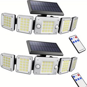 Resim Beş Başlıklı, Geniş Aydınlatma Menzili ve Serbest Dönen Dış Mekan Solar Duvar Lambası Seti. İki Hareket Sensörü İçerir, IP65 Su Geçirmezdir ve Üç Uzaktan Kumanda Moduna Sahiptir. Geniş Solar Panel, Verimli Şarjı Sağlar. 