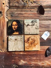 Resim Oscar Stone Decor Taş Bardak Altlığı Stone Coasters - 4 LÜ SET(10 cmx10 cm) Monalisa Da Vinci 