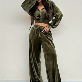 Resim Y2K Kadınlar İçin Tek Renkli Fermuarlı Uzun Kollu Kapüşonlu Sweatshirt ve Pantolon Takımı 