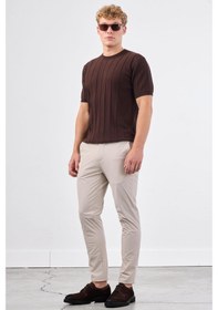 Resim Dufy Kahve Fitilli Erkek Triko - Slim Fit Kahve 