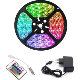 Resim Blue Lighting Bluelıght Rgb Şerit LED Iç ve Dış Mekan 5 Metre Kumandalı Set Tak Çalıştır 16 Renk, 24 Tuşlu Kumanda, Adaptor, Silikonlu, 5mt 300 LED 