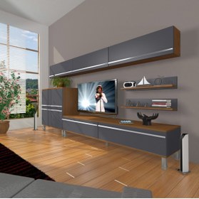 Resim Decoraktiv Eko 8 Mdf Std Krom Ayaklı Tv Ünitesi Tv Sehpası - Ceviz - Antrasit 