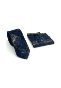 Resim Gaffy Bej Desenli Petrol Mavi Dokuma Kumaş Mendilli Slim Fit Kravat // Sdk-2608-5 Mavi 
