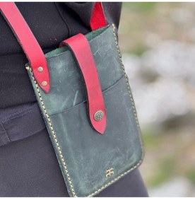 Resim Tuvita Collection Bodrum %100 Deri El Yapımı Kadın Erkek Unisex Yeşil Kırmızıtelefonluk Telefon Postacı Kol Çantası Çapraz 