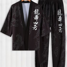 Resim CONJUESS Erkek Ejderha Baskılı Kimono Bornoz Seti - Günlük Polyester Ev Giyimi Eşleşen Pantolonla, Makinede Yıkanabilir, 3/4 Kollu, Etnik Tarz, İlkbahar/Sonbahar için Esnemez Kumaş 