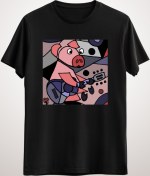 Resim GreenMint Unisex Siyah Cool Funny Pink Pig Playing Gitar Guitar Modernistic Art 