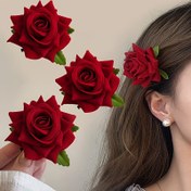Resim 3 adet Vintage Kırmızı Gül Saç Tokası, Rahat Stil Kumaş Çiçek Saç Tokaları, Kadınlar İçin Yan Perçem Ördek Gagalı Klips Aksesuarları 