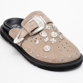Resim Luvi Shoes Maril Bej Süet Hakiki Deri Kemerli Tokalı Burnu Kapalı Kadın Terlik Bej 
