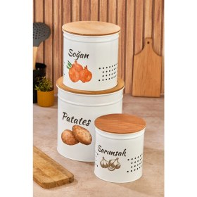 Resim 3 Katlı Ahşap Kapaklı Metal Patates Soğan Kovası - Sebzelik - Patates Soğanlık Sepeti Krem 
