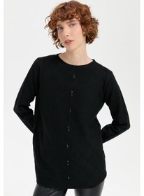 Resim Kadın Sıfır Yaka Dikişsiz Önü Baklavalı Kazak Siyah Siyah 