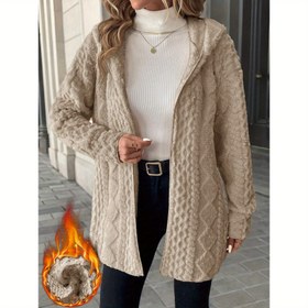 Resim Kadın Hafif Polar Ceket - Düğme Detaylı, Uzun Kollu ve Ön Cepli, Sonbahar/Kış için Rahat Bej Kapüşonlu Mont, Günlük Stil, Günlük Kışlık Giyim | Düğmeli Ceket | Dokulu 