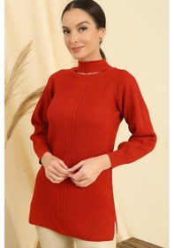Resim By Saygı Boyun Dekolteli Saç Örgülü Desen Büyük Beden Spor Tunik Kazak-35198 - Mercan 