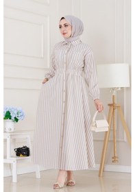 Resim Sevitli Çizgili Cepli Tesettür Elbise-bej-5136 Bej 