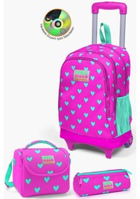 Resim Coral High Kids Neon Pembe Su Yeşili Kalp Desenli Çekçekli 3'lü Çanta Seti Set0123133 