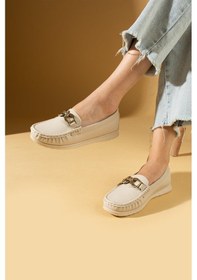 Resim Shoetek Gerda Kadın Makosen Ayakkabı Tokalı Babet Bej Cilt Bej Cilt 