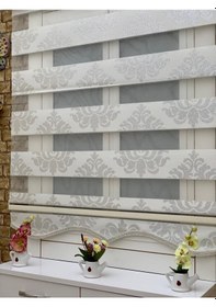 Resim Ekru Gümüş Simli Damaks Zebra Perde 