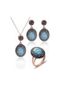 Resim Turkuaz Paraiba Ve Swarovski Taşlı 925 Ayar Gümüş Kadın Üçlü Set 201025580 