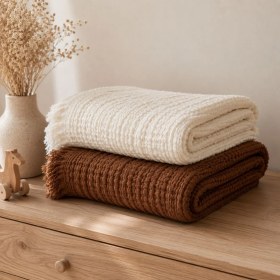 Resim Heianmono 4 Katlı Krem Rengi ve Kahverengi %100 Pamuk 2'li Müslin Saçaklı Bebek Battaniye (90X110 Cm) 