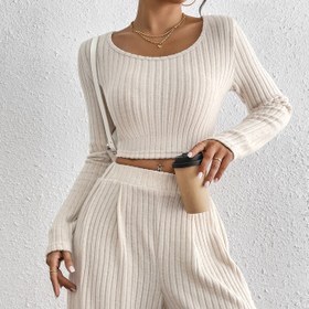 Resim Şık Günlük Kadınlar İçin Desenli Uzun Kollu Tişört ve Geniş Paça Pantolon 