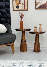 Resim AYLESA Doğal Ahşap 2’li Set Mantar Yan Sehpa Modern Ceviz Renk Fiskos Zigon Çiçeklik 