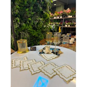 Resim Kokteyl Peçetesi, Gold Şekil Desenli Kare Kahve Tepsisi Peçeteliği,6'lı Sunumluk Peçete 