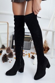 Resim SOFT FASHION Kadın Siyah Diz Üstü Çorap Şık Kışlık Yeni Moda Rahat Topuklu Çizme - Topuk 7 cm 