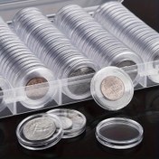 Resim 100 Adet 27mm Madeni Para Kutusu + Plastik Saklama Kutusu, Madeni Para Koleksiyon Malzemeleri için Kullanılan, Kapaklı Saklama Kutuları Ev Düzenleme için 