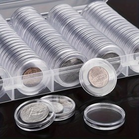 Resim 100 Adet 27mm Madeni Para Kutusu + Plastik Saklama Kutusu, Madeni Para Koleksiyon Malzemeleri için Kullanılan, Kapaklı Saklama Kutuları Ev Düzenleme için 
