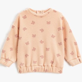 Resim Kız Bebek Kelebek Baskılı Sweatshirt Dokulu Bisiklet Yaka Yakası Çıtçıtlı Uzun Kollu 