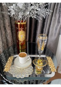 Resim Atabey Home Collection 6'lı Kahve & Çay & Sunum Dikdörtgen Büyük Sunum Tepsisi Çelik Gül Model Gold 30 Cm3 