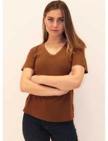 Resim Rich Kadın Organik V Yaka T-shirt %100 Pamuk Tişört Kahverengi 