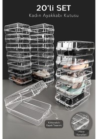 Resim 20 Adet Kadın Ayakkabı Kutusu - Şeffaf Ayakkabı Düzenleyici Saklama Kutusu Organizer Seyahat Kutusu Şeffaf 