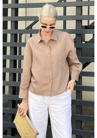 Resim Madmext Camel Çizgili Oversize Kadın Gömlek Mg2093-camel Camel 