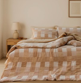 Resim Gingham Kareli Muslin Dokulu Nevresim Seti Karamel 