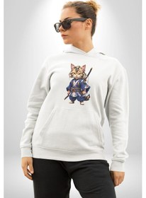Resim Asyalı Kedi Samuray Savaşcı Kadın Erkek Beyaz Kapüşonlu Sweatshirt Hoodie Beyaz 