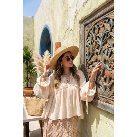 Resim Fashion Cocktail Şalvar Kollu Fırfırlı Bağcıklı Büzgülü Yaka Volanlı Salaş Rahat Bohem Otantik Etnik Gömlek 