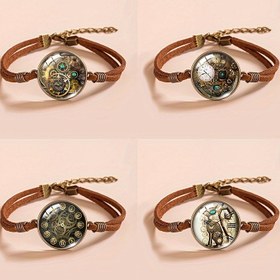 Resim 1pc New Steampunk Gear Punk Style Clock Patterns Glass Dome Brown Leather Bracelet Men Bracelets 