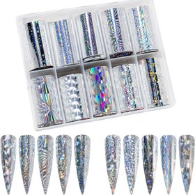 Resim 10 Rulo Kutulu Holografik Tırnak Folyosu Lazer Metal Transfer Folyosu Tırnak Sarma Yıldızlı Gökyüzü Tırnak Tasarımı Sticker Çıkartma Tırnak Aksesuarları DIY Dekorasyon için Uygun 