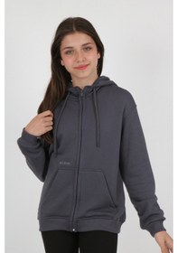 Resim Toontoy Kız Çocuk Füme Kapüşonlu Fermuarlı Cepli Düşük Omuz Nakış Baskılı Örme Hırka - 3 İplik Şardonsuz Füme 