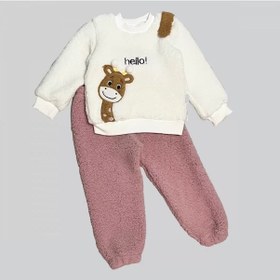 Resim 1-2-3 Yaş Hello Zürafa Nakışlı Kuzu Kumaş Sweat Pantolon Uzun Kollu Kız Erkek 2 Li Takımı Gül Kurusu Gül Kurusu 