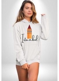 Resim İstanbul Galata Kulesi Kadın Erkek Beyaz Kapüşonlu Sweatshirt Hoodie Beyaz 
